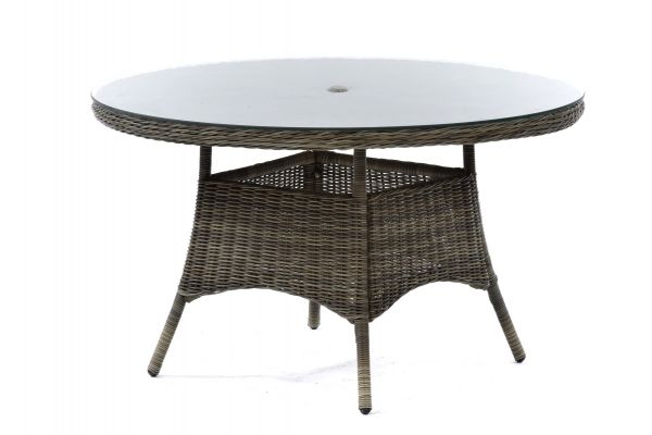 Regent Rattan Round Table - 120cm Diameter Tempered Glass Top - 40mm Parasol Hole - Durable Brown Weave