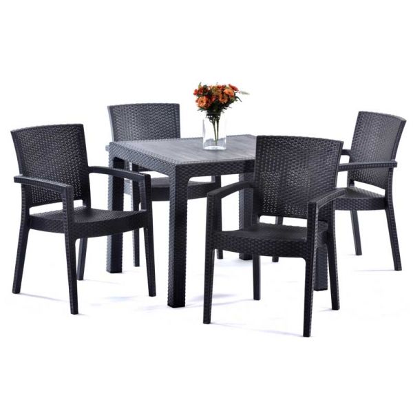 Madrid Rattan Effect Polypropylene Square Table and 4 Arm Chairs - Durable Polypropylene Set - Anthracite