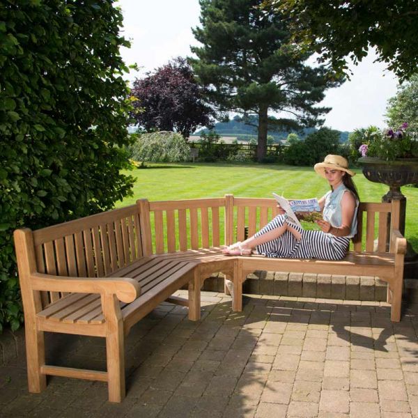 Queensbury Corner Teak Bench - Grade A Teak Garden Seat - 212cm Total Length - 5/6 Person Curved Design - Fully Assembled
