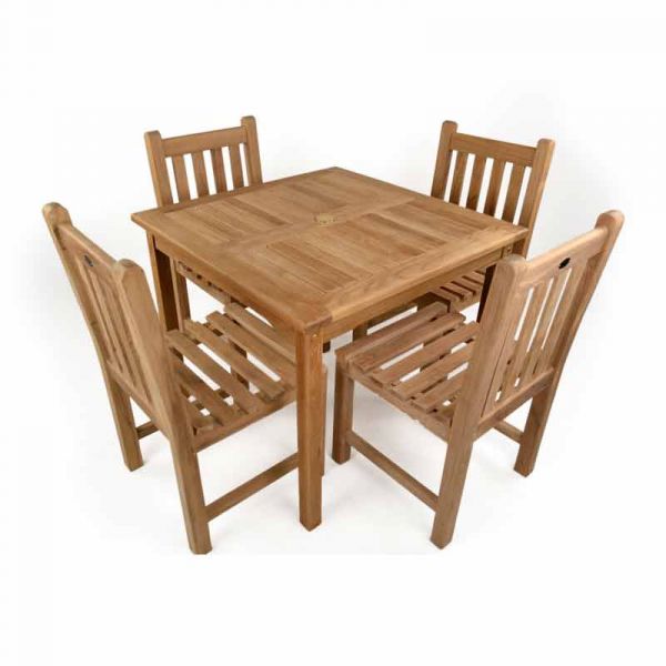 Warwick Square Set With 4 Side Chairs  - 4 Person Set 90 x 90cm Table - Durable Grade A Teak - Outdoor / Indoor Suitable - Flat Packed