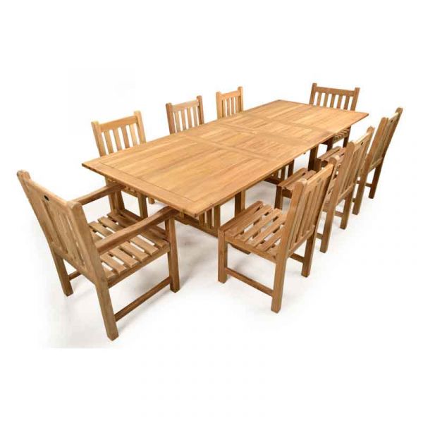 Berrington Grade A Teak Rectangle 8 Seat Dining Set With 6 Side Chairs & 2 Arm Chairs - 270cm Extendable Table