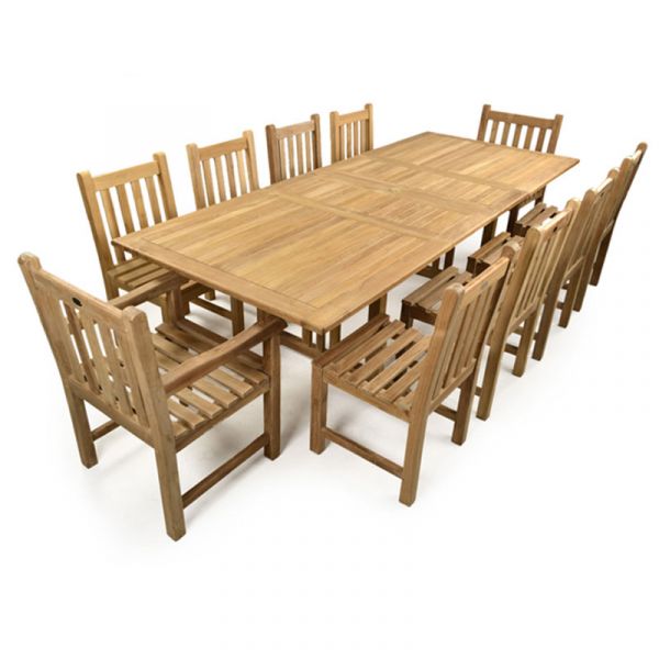 Berrington Grade A Teak Rectangle 10 Seat Dining Set With 8 Side Chairs & 2 Arm Chairs - 270cm Extendable Table