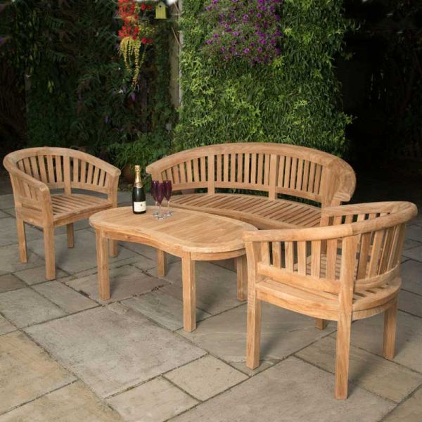 Windsor Coffee Table Set - 2 Arm Chairs & 2 Seater Bench Included - Durable Grade A Teak - Outdoor / Indoor Suitable - Fully Assembled