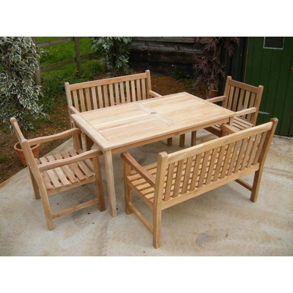 Warwick  Rectangular Table Set - 2 Benches and 2 Arm Chairs - 150cm Length Table - Durable Grade A Teak - Parasol Hole