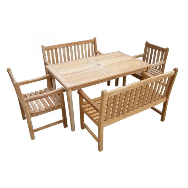 Warwick  Rectangular Table Set - 2 Benches and 2 Arm Chairs - 150cm Length Table - Durable Grade A Teak - Parasol Hole