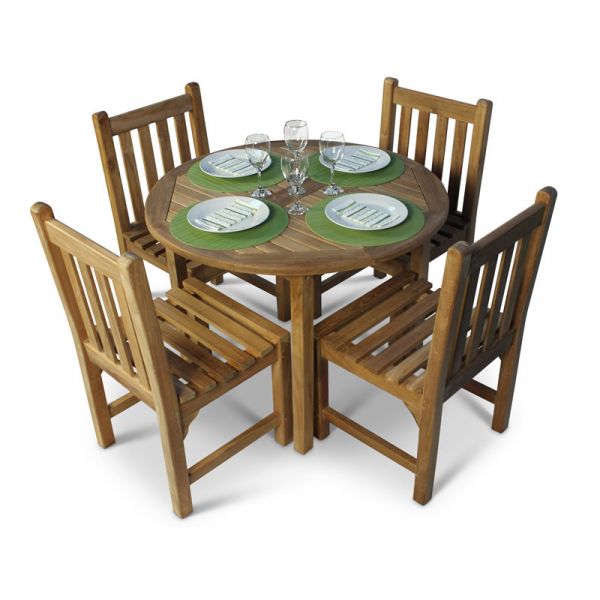 Warwick Round Table and 4 Warwick Side Chairs - Grade A Teak - 100cm Diameter Table - Parasol Hole - Flat Packed