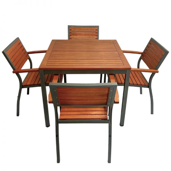 Dorset Dining Table Set – 90cm Square Table with 4 Stackable Armchairs -Hardwood/Metal