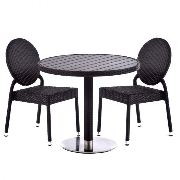 Molby 90cm Round Black Polywood Topped Table with 2 Molby Rattan Effect Round Back Side Chair Set – Black Weave