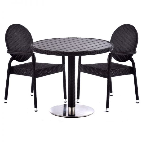 Molby 90cm Round Black Polywood Topped Table with 2 Molby Rattan Effect Round Back Armchair Set – Black Weave