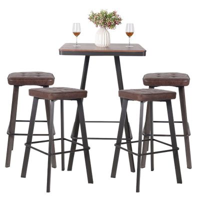 Belper 70cm Square Bar Table with 4 Bar Stool Set – Steel & Ashwood – Faux Leather
