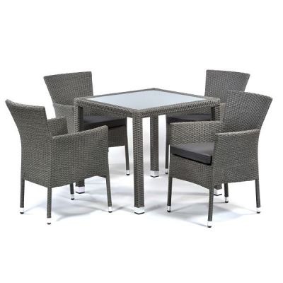 Oasis Rattan Set - Square 4 Seat Glass Dining Set with Cushions - Grey Weave / Dark Grey Cushions - Chairs Fully Assembled