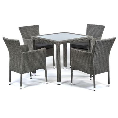 Oasis Rattan Set - Square 4 Seat Glass Dining Set with Cushions - Grey Weave / Dark Grey Cushions - Chairs Fully Assembled