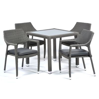 Oasis Rattan Set - Square Glass Table and 4 Arm Chairs with Cushions - Grey Weave / Dark Grey Cushions -Chairs Fully Assembled