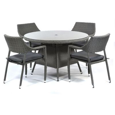 Oasis Rattan Set - Round Glass Table and 4 Arm Chairs - Grey Weave / Dark Grey Cushions - Chairs Fully Assembled