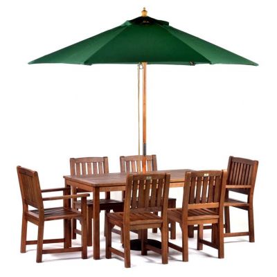 Devon Dining Table Set - 150x80cm Rectangular Table with 4 Side Chairs, 2 Armchairs and a Green Parasol with Base – Hardwood