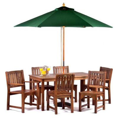 Devon Dining Table Set - 150x80cm Rectangular Table with 4 Side Chairs, 2 Armchairs and a Green Parasol with Base – Hardwood
