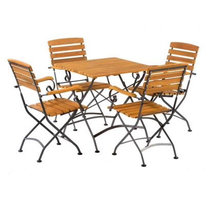 Newark Folding Arm Chair & Square Table Set - Acacia Wood With Steel Frame - Space Saving High Quality Furniture