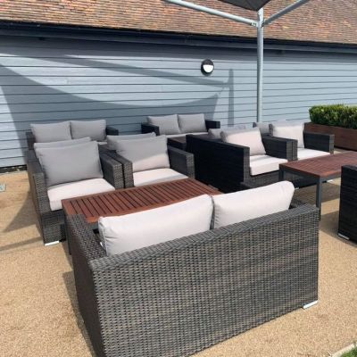 Denby Rattan Sofa Set With Polywood Topped Table- Two Arm Chairs & Sofa - High Quality Durable Rattan - Anthracite With Light Grey Cushions Included