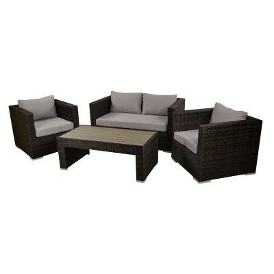 Classic Rattan Sofa Set With Polywood Topped Table - Two Arm Chairs & Sofa - High Quality Durable Rattan - Brown With Light Grey Cushions Included