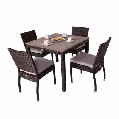 Ascot Rattan Square Polywood Table & 4 Ascot Side Chairs - High Quality Rattan - Black & Brown Weave