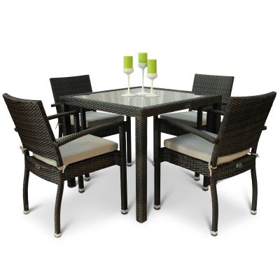 Ascot Rattan Square Glass Topped Table & 4 Ascot Arm Chairs - High Quality Rattan - Black & Brown Weave