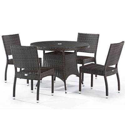 Classic Rattan Round Glass Table & 4 Ascot Side Chairs - High Quality Rattan - Black & Brown Weave