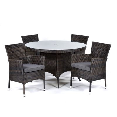 Classic Rattan Large Round Glass Table and 4 Newbury Chairs - High Quality Rattan - Black & Brown Weave