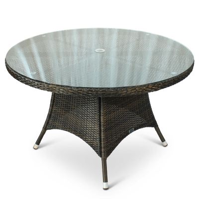 Classic Rattan Round Table - 120cm Diameter Glass Topped With Black and Brown Weave