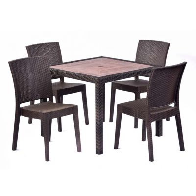 Ascot 90cm Square Teak Polyresin Topped Table with 4 Madrid Rattan Effect Polypropylene Side Chair Set – Black/Brown Weave