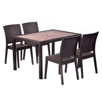 Ascot 120x90cm Rectangular Teak Polyresin Topped Table with 4 Madrid Rattan Effect Polypropylene Side Chair Set – Black/Brown Weave