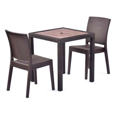 Ascot 70cm Square Teak Polyresin Topped Table with 2 Madrid Rattan Effect Polypropylene Side Chair Set – Black/Brown Weave