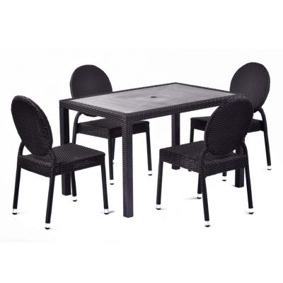 Molby 120x80cm Rectangular Grey Polyresin Topped Table with 4 Molby Rattan Effect Round Back Side Chair Set – Black Weave