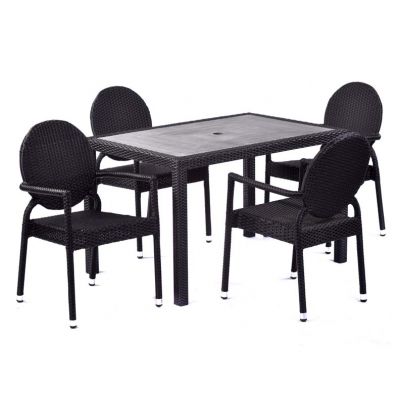Molby 120x80cm Rectangular Grey Polyresin Topped Table with 4 Molby Rattan Effect Round Back Arm Chair Set – Black Weave
