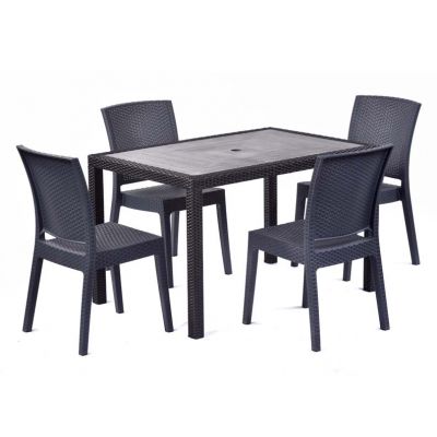 Molby 120x80cm Rectangular Grey Polyresin Topped Table with 4 Madrid Rattan Effect Polypropylene Side Chair Set – Black/Anthracite Weave