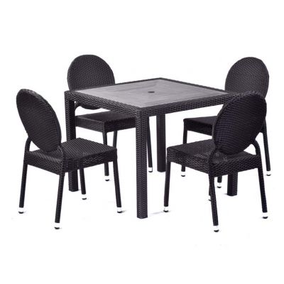 Molby 90cm Square Grey Polyresin Topped Table with 4 Molby Rattan Effect Round Back Side Chair Set – Black Weave
