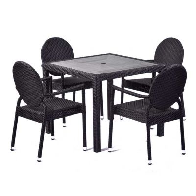 Molby 90cm Square Grey Polyresin Topped Table with 4 Molby Rattan Effect Round Back Arm Chair – Black Weave