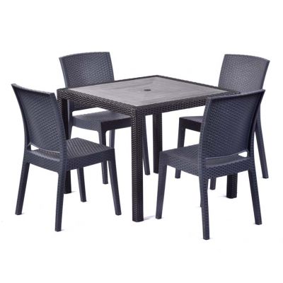 Molby 90cm Square Grey Polyresin Topped Table with 4 Madrid Rattan Effect Polypropylene Side Chair Set – Black/Anthracite Weave