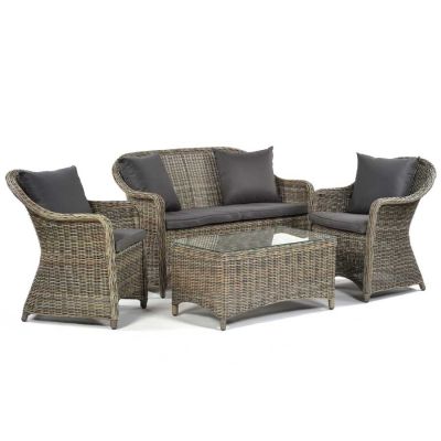 Regent Rattan 4 Person Sofa Set with Glass Coffee Table - Luxury Outdoor Range - Durable Brown Weave - Dark Grey Cushions Included