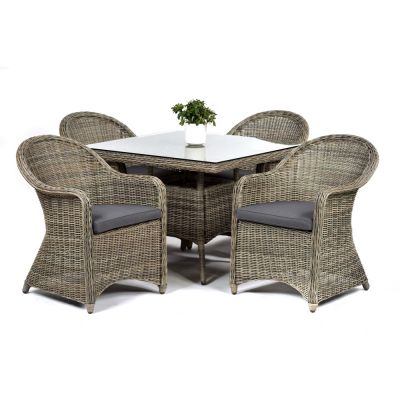 Regent Rattan Square Glass Table with 4 Arm Chairs Set - Luxury Outdoor Range - Durable Brown Weave - Dark Grey Cushions Included