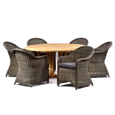 Madison 150cm Round Teak Table with 6 Regent Rattan Armchairs – Dark Grey Cushions Included
