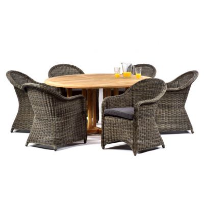Madison 150cm Round Teak Table with 6 Regent Rattan Armchairs – Dark Grey Cushions Included
