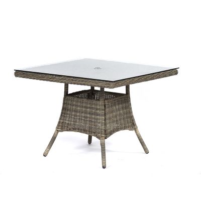 Regent Rattan Square Table - 100 x 100cm Tempered Glass Top - 40mm Parasol Hole - Durable Brown Weave