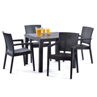 Madrid Rattan Effect Polypropylene Square Table and 4 Arm Chairs - Durable Polypropylene Set - Anthracite