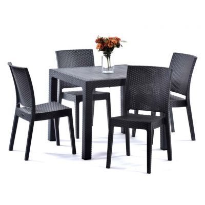 Madrid Rattan Effect Polypropylene Square Table and 4 Side Chairs - Durable Polypropylene Set - Anthracite