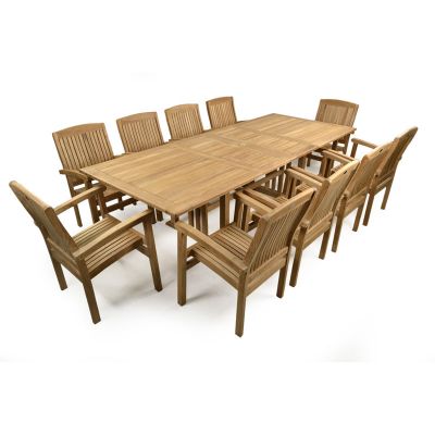 Berrington Rectangle Set With 10 Side Chairs - 10 Person Set 270cm Length Extendable Table - Durable Grade A Teak - Outdoor / Indoor Suitable - Flat Packed
