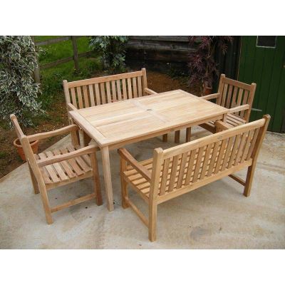 Warwick  Rectangular Table Set - 2 Benches and 2 Arm Chairs - 150cm Length Table - Durable Grade A Teak - Parasol Hole