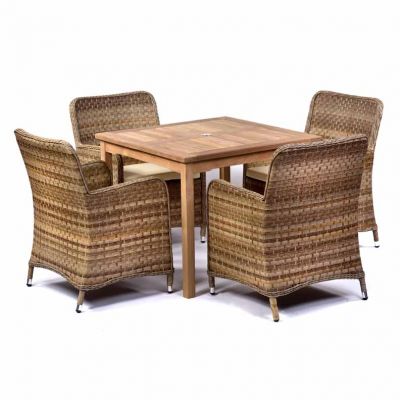 Warwick 90cm Square Teak Dining Table with 4 Halton Tub Arm Chair Set – Brown Weave
