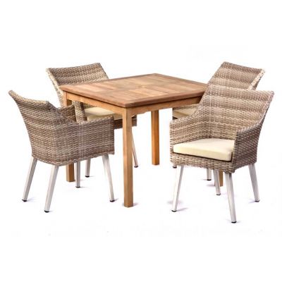 Warwick 90cm Square Teak Dining Table with 4 Rochelle Dining Chairs – Cream Weave