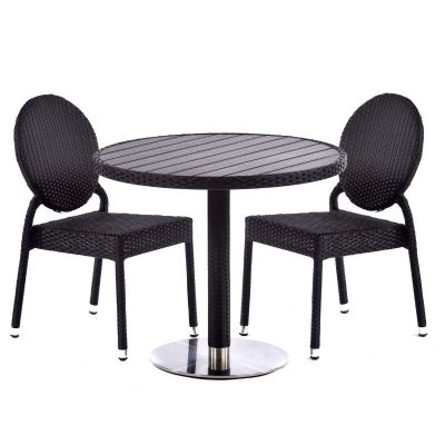 Molby 90cm Round Black Polywood Topped Table with 2 Molby Rattan Effect Round Back Side Chair Set – Black Weave