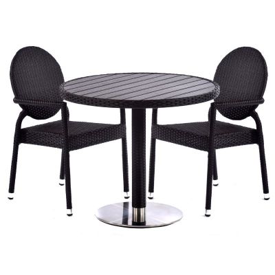 Molby 90cm Round Black Polywood Topped Table with 2 Molby Rattan Effect Round Back Armchair Set – Black Weave